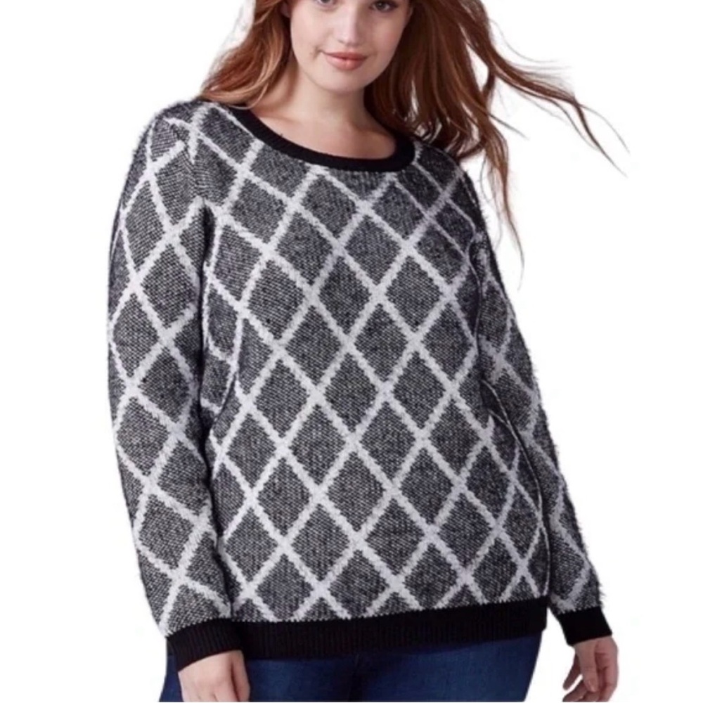 Lane Bryant Black White Argyle Eyelash Sweater 18/20 | Cozy Soft Knit Pullover